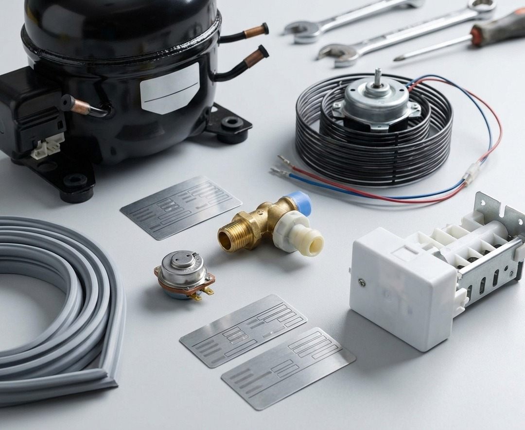 Close-up of a refrigeration repair in progress with OEM parts