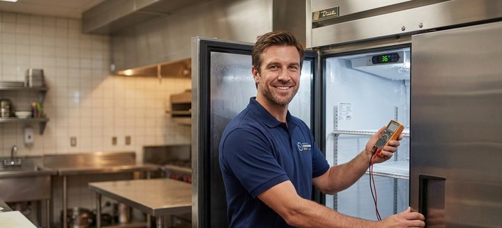 Commercial reach-in refrigerator and prep table repair close-up