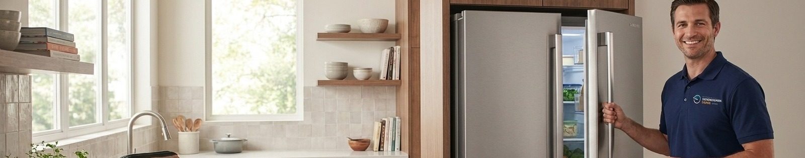Technician at work on a refrigerator in an Atlanta kitchen