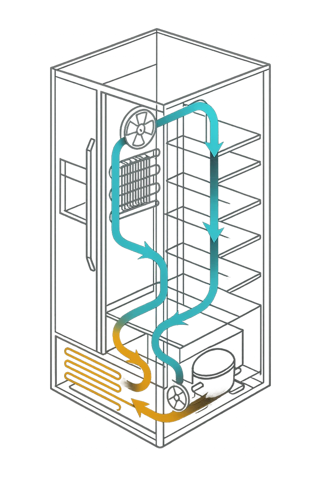 Cutaway of a standard refrigerator showing the cold-air flow, evaporator, condenser and compressor