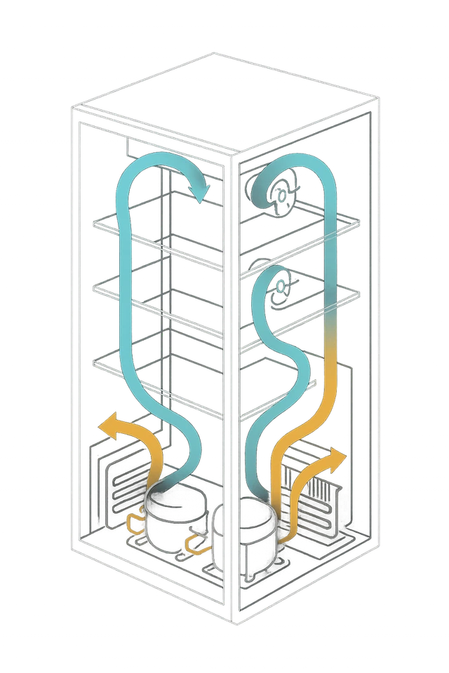 Cutaway of a Sub-Zero / built-in refrigerator showing the refrigeration cycle and air flow