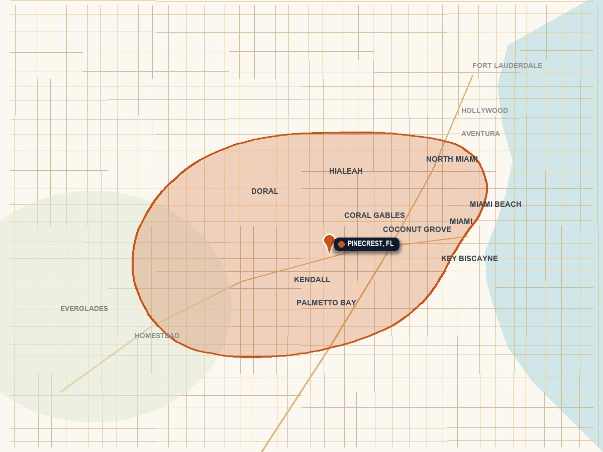 Service-area map of Miami and South Florida showing the areas we cover: Miami Beach, Coral Gables, Coconut Grove, Pinecrest, Kendall, Doral, Palmetto Bay and Key Biscayne.