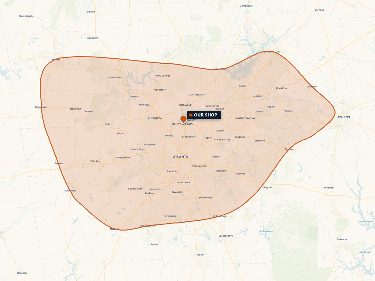 Service-area map of the Atlanta, GA metro showing the cities we cover: Atlanta, Sandy Springs (our shop), Marietta, Kennesaw, Roswell, Alpharetta, Decatur and Duluth.