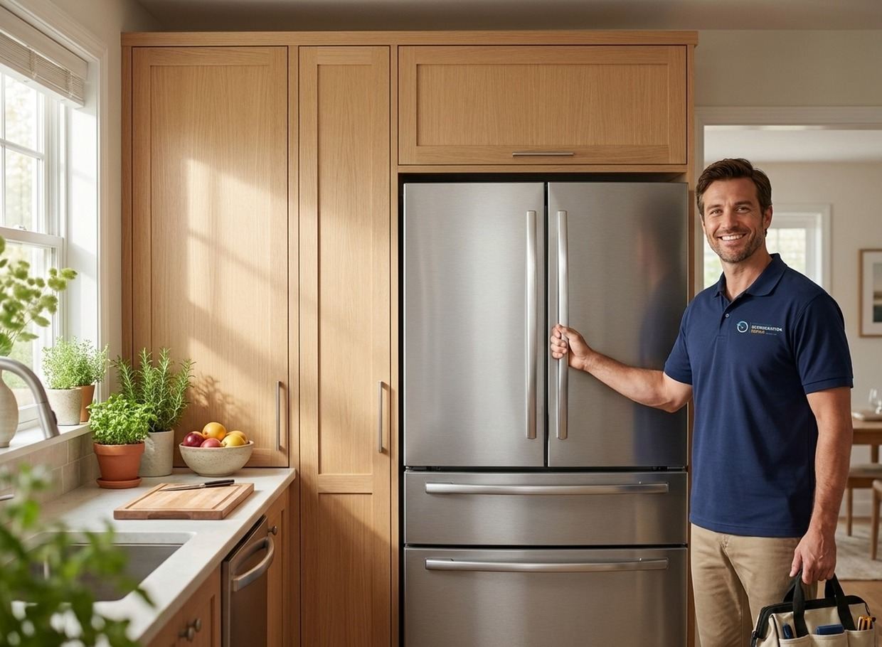 Refrigeration technician repairing a stainless-steel refrigerator in an Atlanta kitchen
